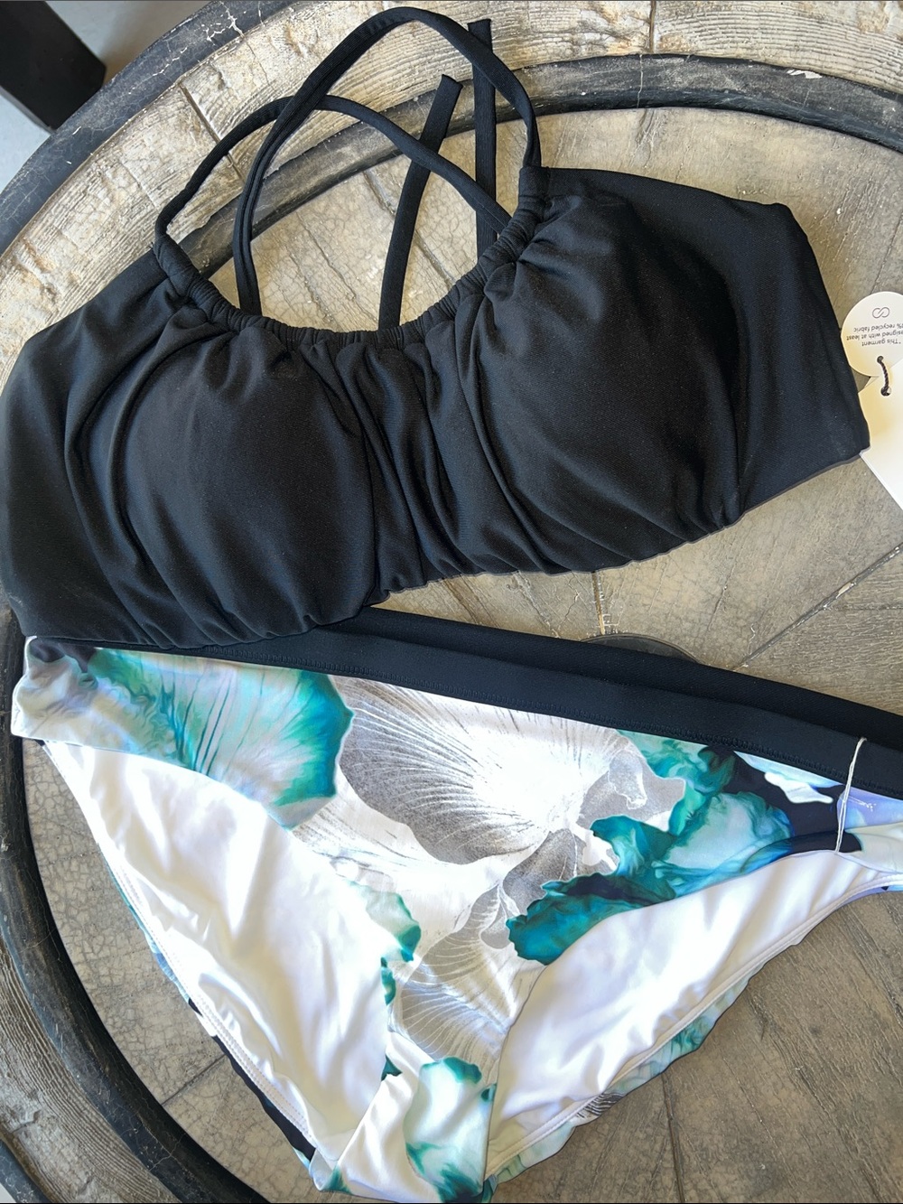 CALIA by Carrie Underwood Black Strappy Bikini Top with Teal Floral White Bottom